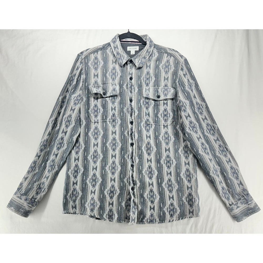Sun + Stone Mens Large Blue Ikat Southwestern Cotton Button Down Shirt